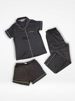 3pcs Women Satin Pajama Set. Contrast Piping, Notch Collar & Button Down.