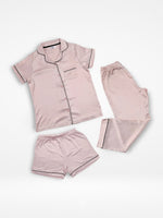 3pcs Women Satin Pajama Set. Contrast Piping, Notch Collar & Button Down.