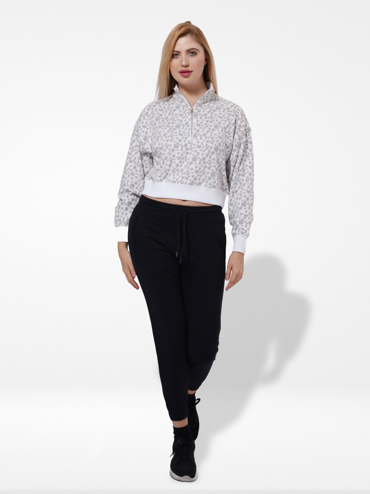 Ladies Cropped Sweat High Neck Sweatshirt In WHITE AOP