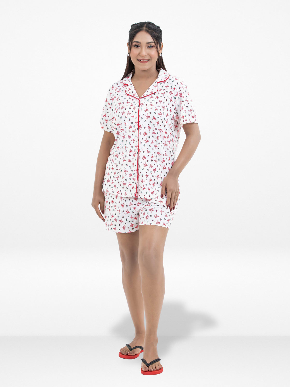 Women's Notch Collar Sleepwear Set Short Sleeve All Over Print Pajama Top & Shorts, Soft Comfortable Nightwear