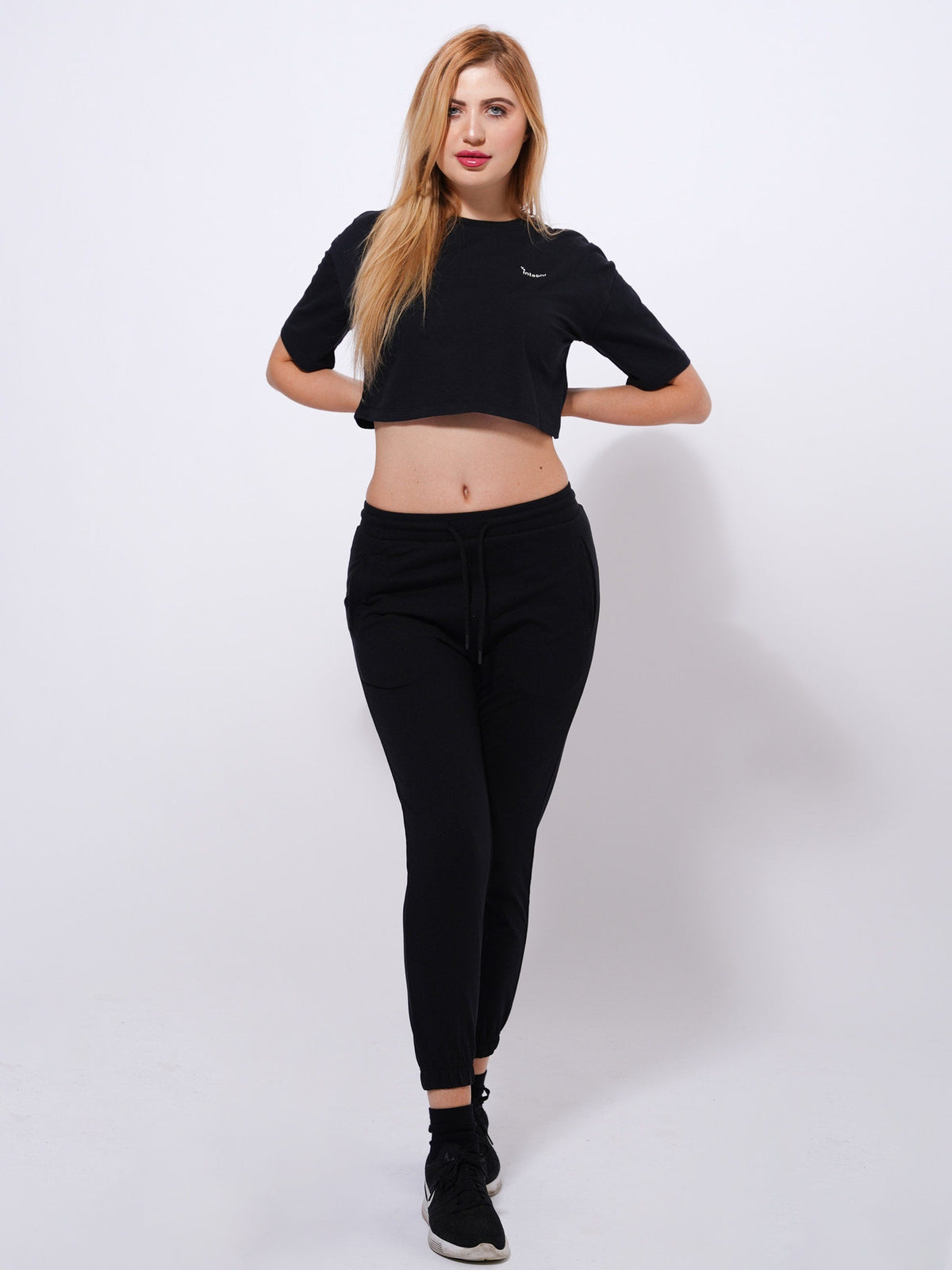 Women Crew Neck Short Crop Top | Black