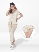 3pcs Women Satin Pajama Set. Contrast Piping, Notch Collar & Button Down.