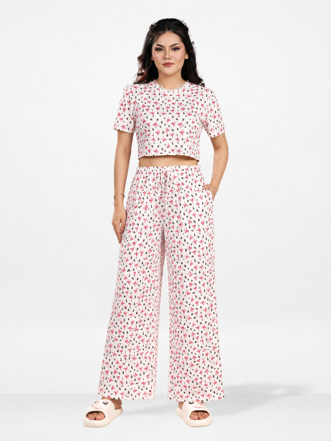 Womens All Over Printed Crop Top and Long Bottom Set Crew Neck Half Sleeve Tee & Matching Bottom | Trendy Casual Two-Piece Wear - Egret