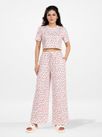 Womens All Over Printed Crop Top and Long Bottom Set Crew Neck Half Sleeve Tee & Matching Bottom | Trendy Casual Two-Piece Wear - Egret