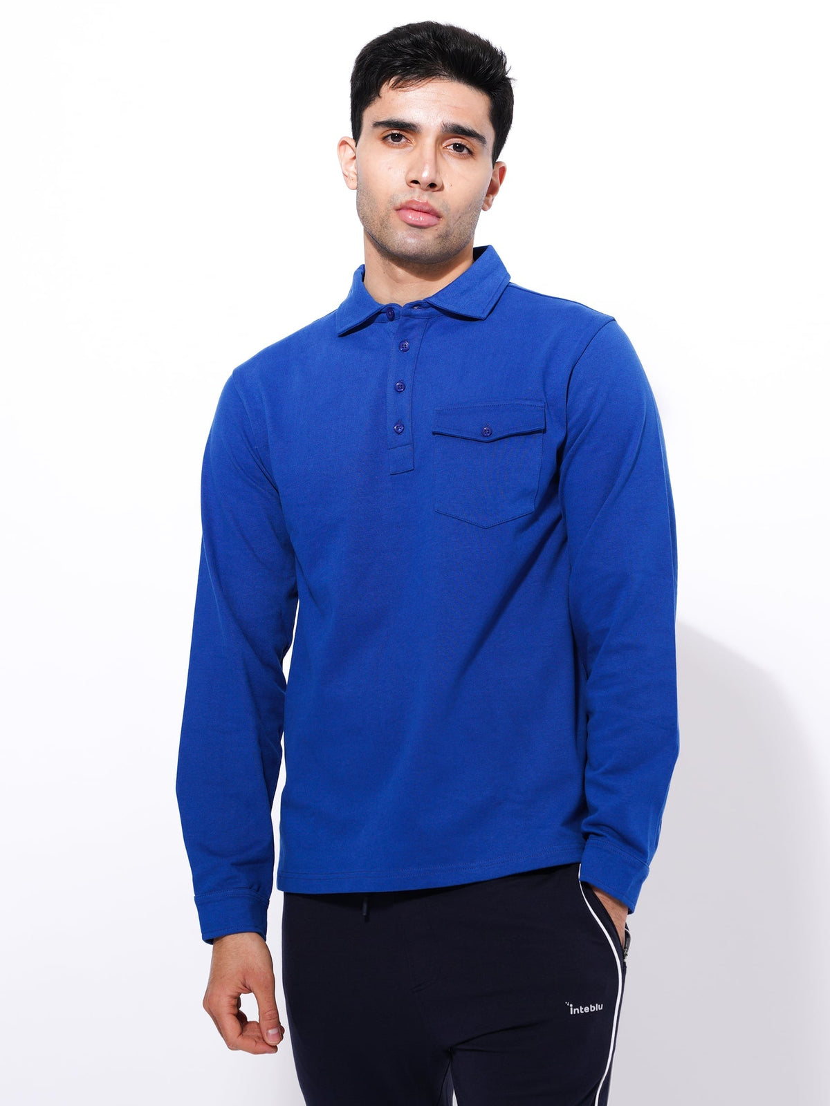Men's Long Sleeve Player'sButton Polo Shirt | Blue Color - inteblu