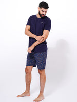 Slim Fit T-Shirt & Shorts Set - Printed Summer Outfit in Navy Color - inteblu
