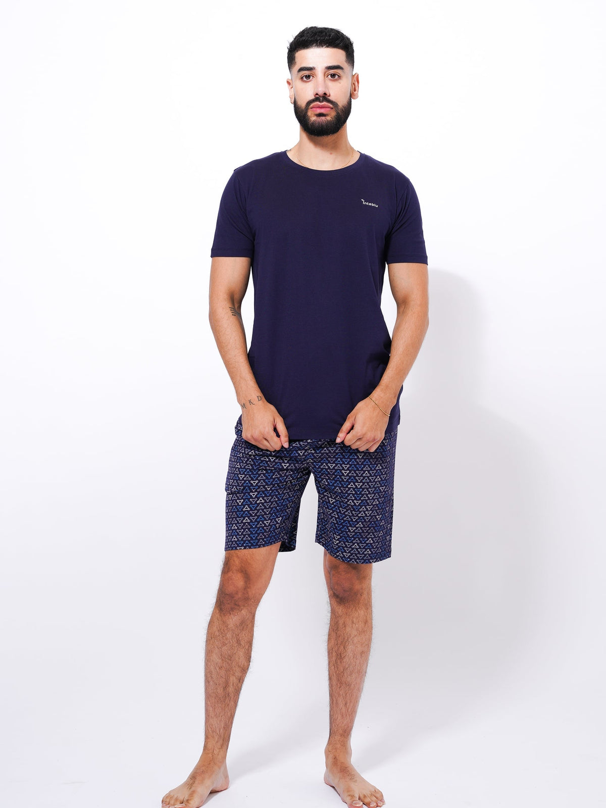 Slim Fit T-Shirt & Shorts Set - Printed Summer Outfit in Navy Color - inteblu