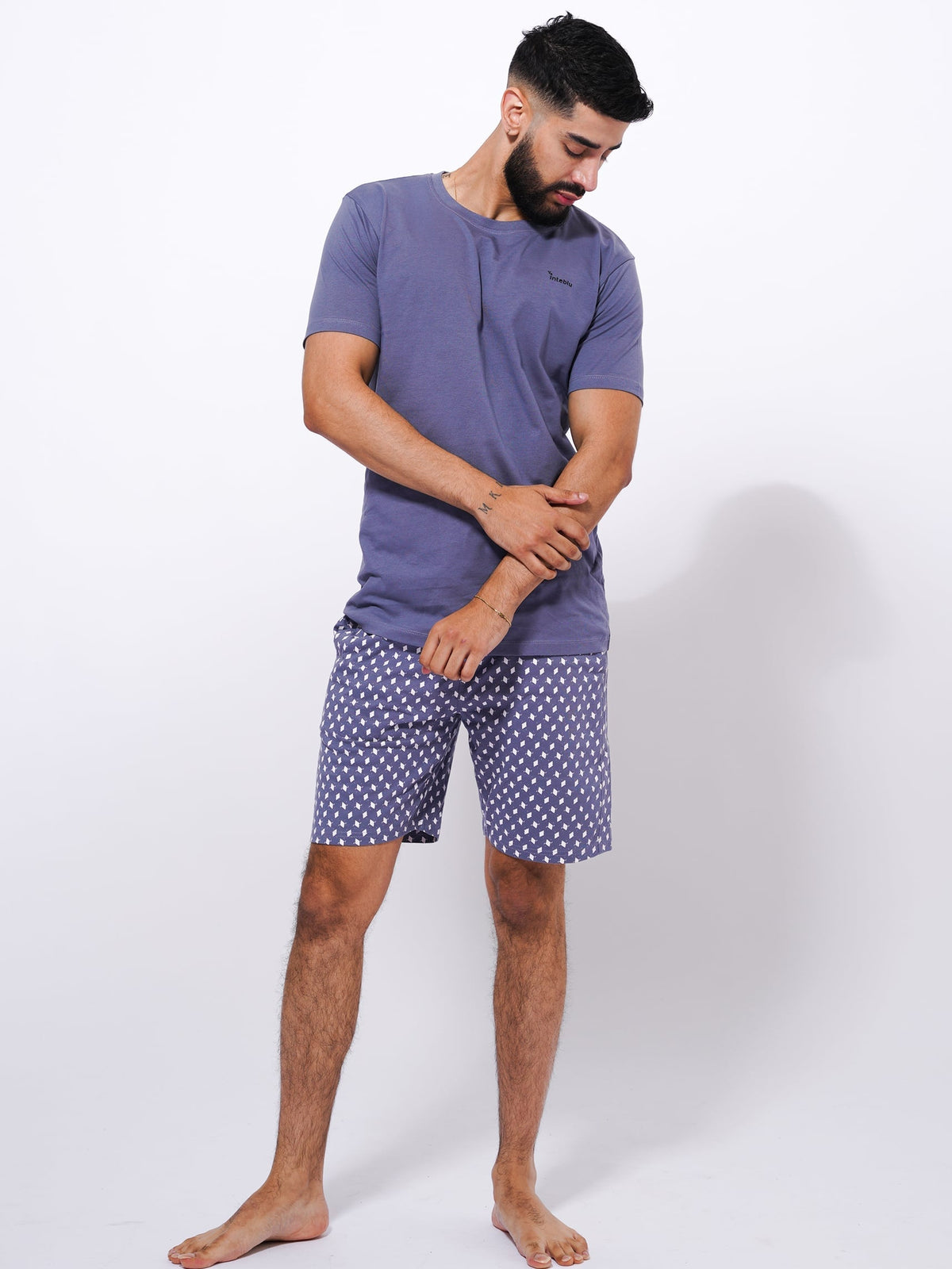 Slim Fit T-Shirt & Shorts Set - Printed Summer Outfit in Folkstone Gray Color - inteblu
