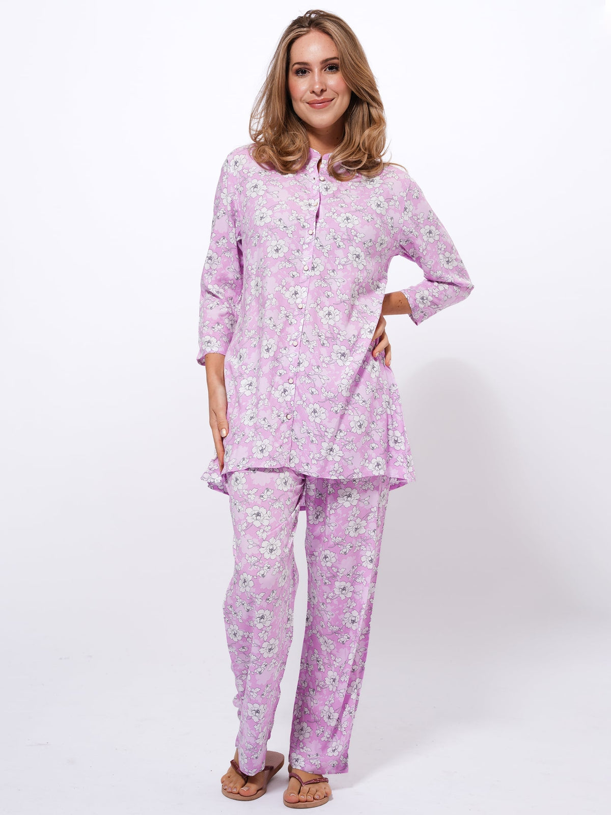 Women Lilac Purple & White Floral Print Night Suit |PJ Set - inteblu