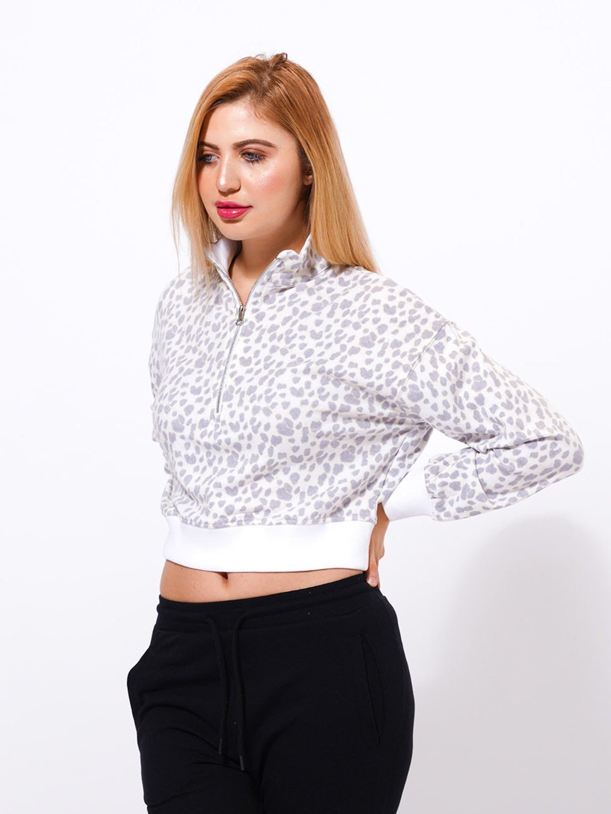 Ladies Cropped Sweat High Neck Sweatshirt In WHITE AOP - inteblu