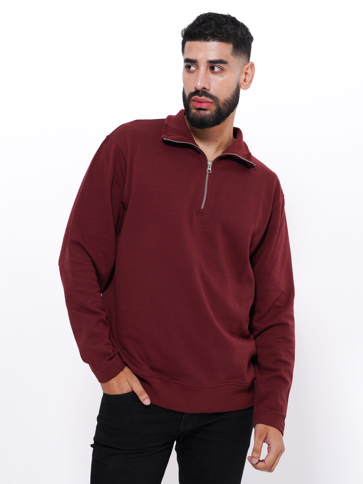 Men's Long Sleeve High Neck Sweatshirt | Wine Color - inteblu