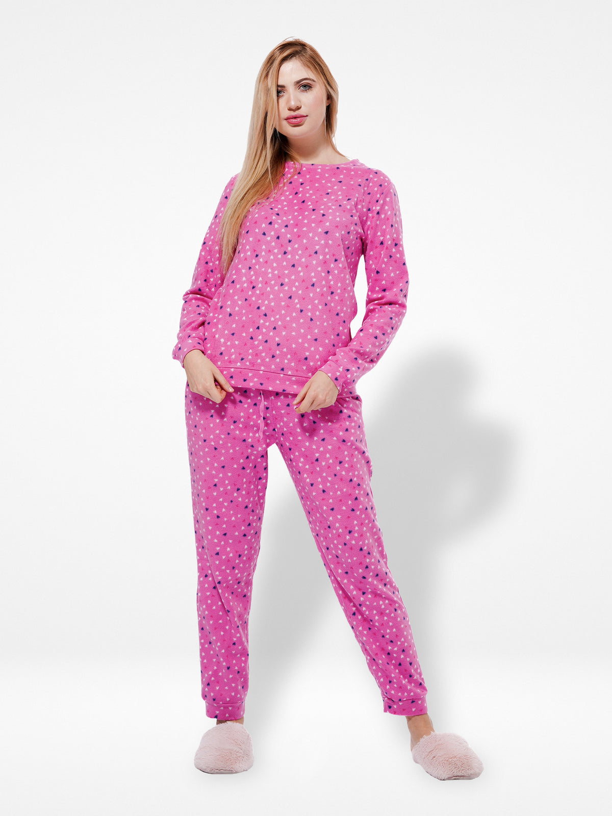 Micro Polar Fleece Pink Hearts Print Women Sleepwear Long Sleeve Pyjama Set-Inteblu™