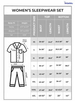 Size chart for women's sleepwear set with top and bottom measurements.