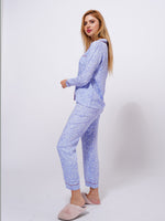 Women's viscose Printed Blue Floral Night Suit Set of Shirt & Pyjama, Night wear Dress - inteblu