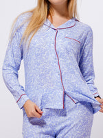 Women's viscose Printed Blue Floral Night Suit Set of Shirt & Pyjama, Night wear Dress - inteblu