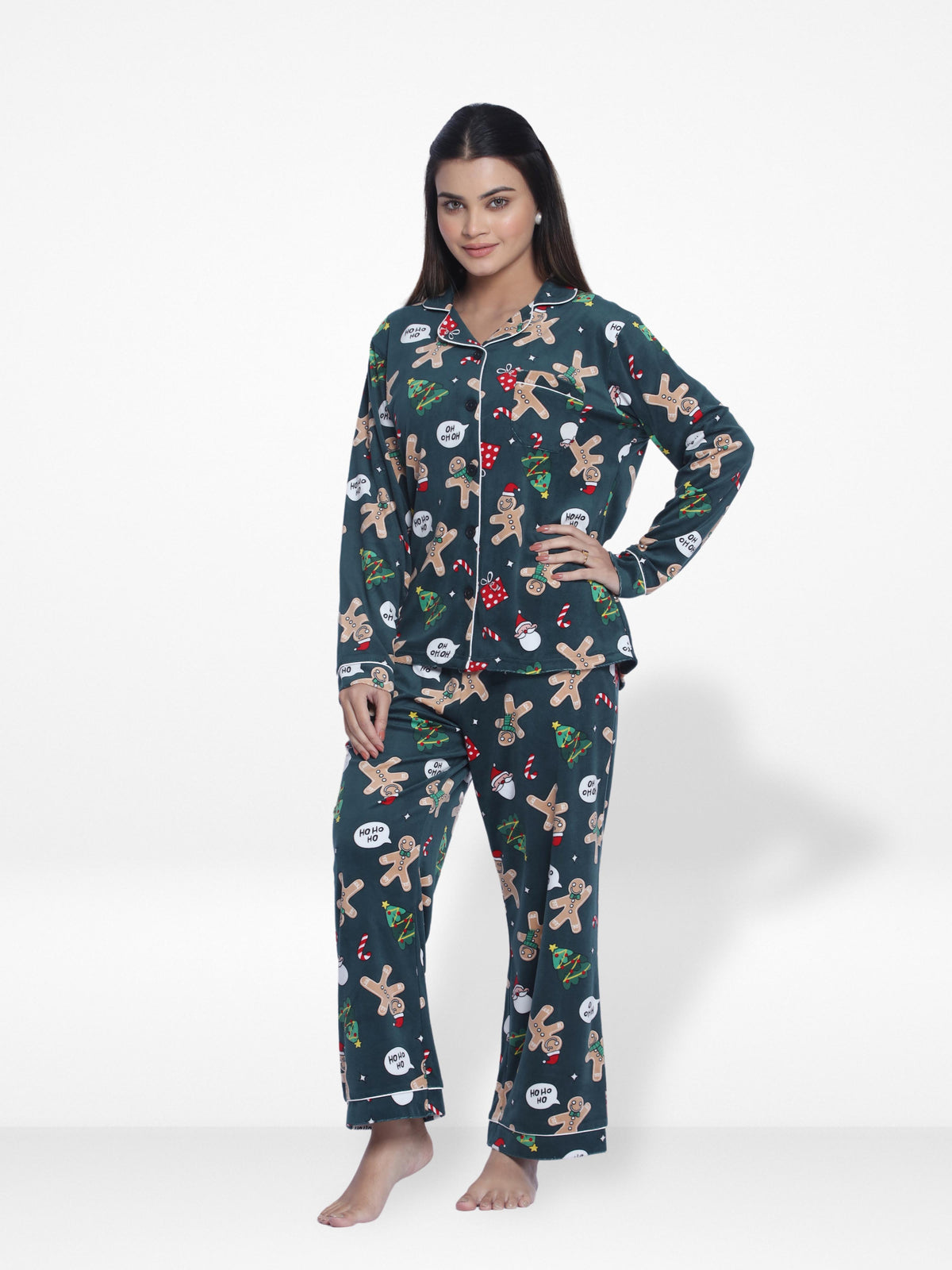 Women Velour Sleepwear Long Sleeve Dark Green AopPyjama Set-Inteblu™