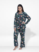 Women Velour Sleepwear Long Sleeve Dark Green AopPyjama Set-Inteblu™