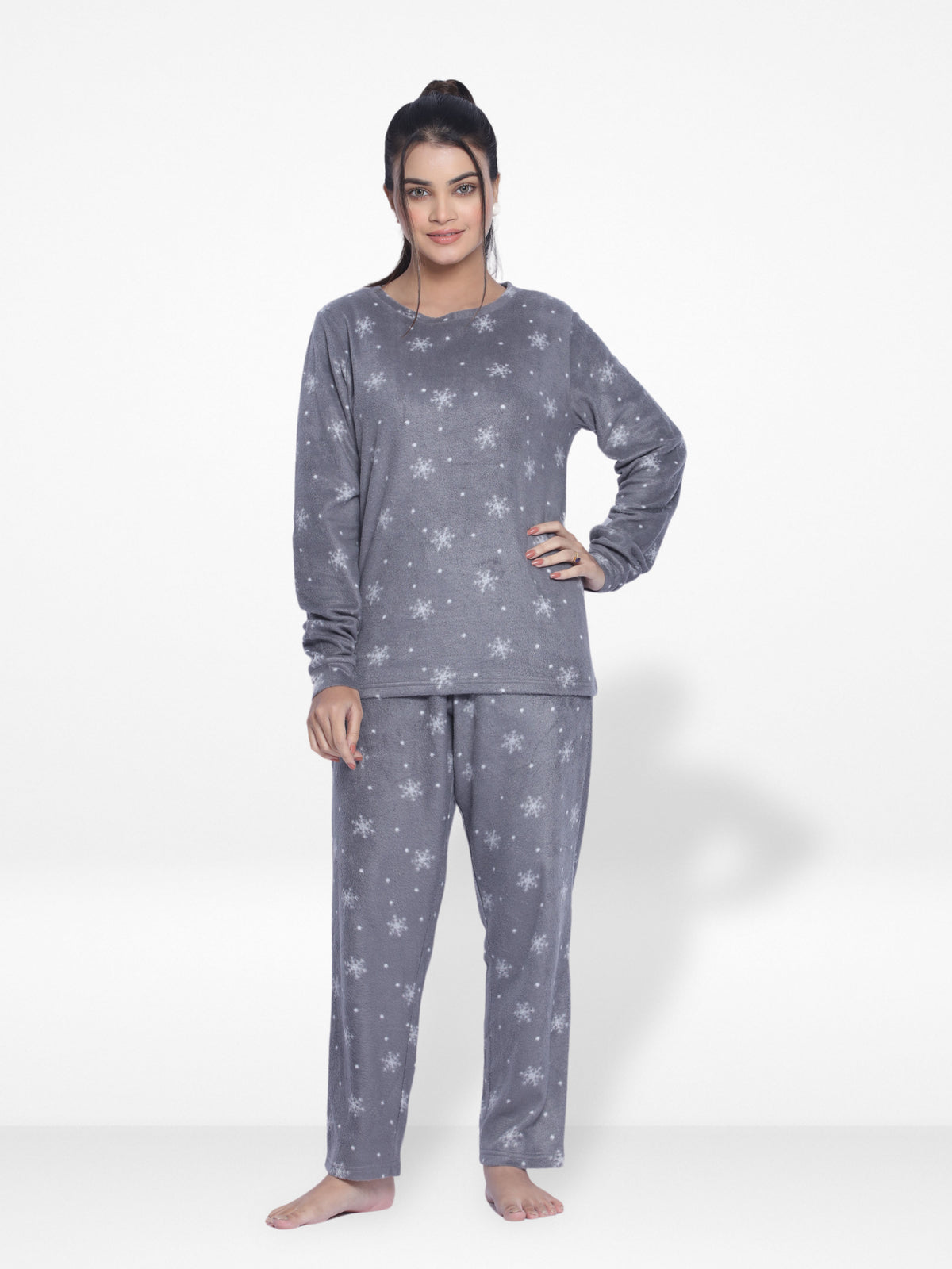 Women's Micro Polar Fleece Star Print Crew Neck Long Sleeve Pyjama Set -Inteblu™