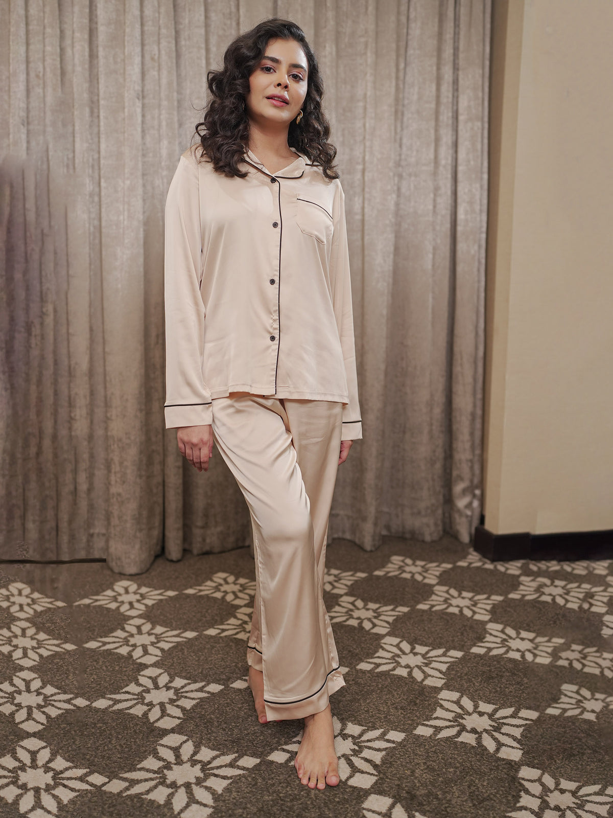 Women's Satin Notch collar & Full Sleeve Sleepwear set |Satin Fabric