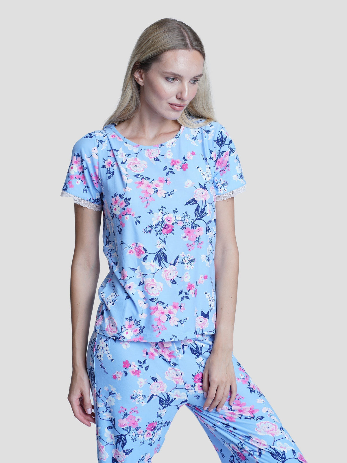 Short Sleeve Floral Pajama Sets - inteblu