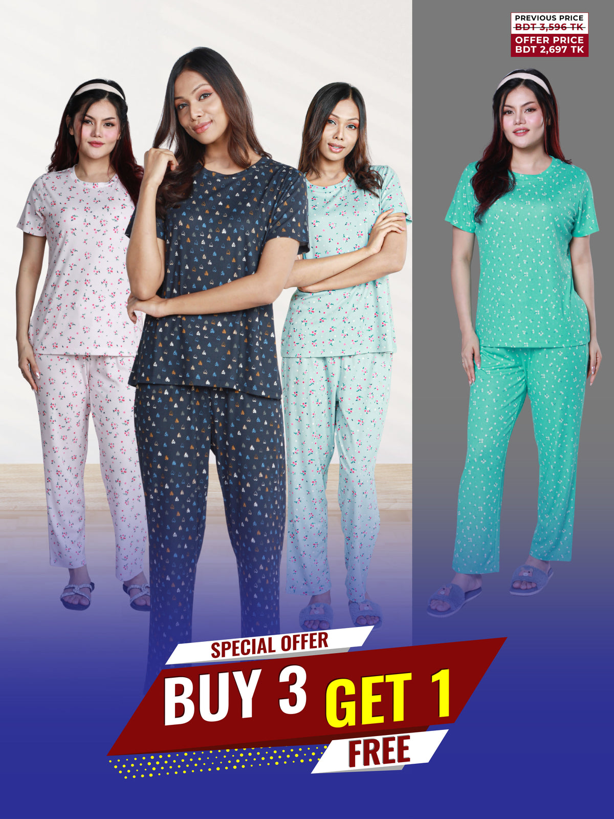 Four women modeling pajama sets with a special offer on a blue background