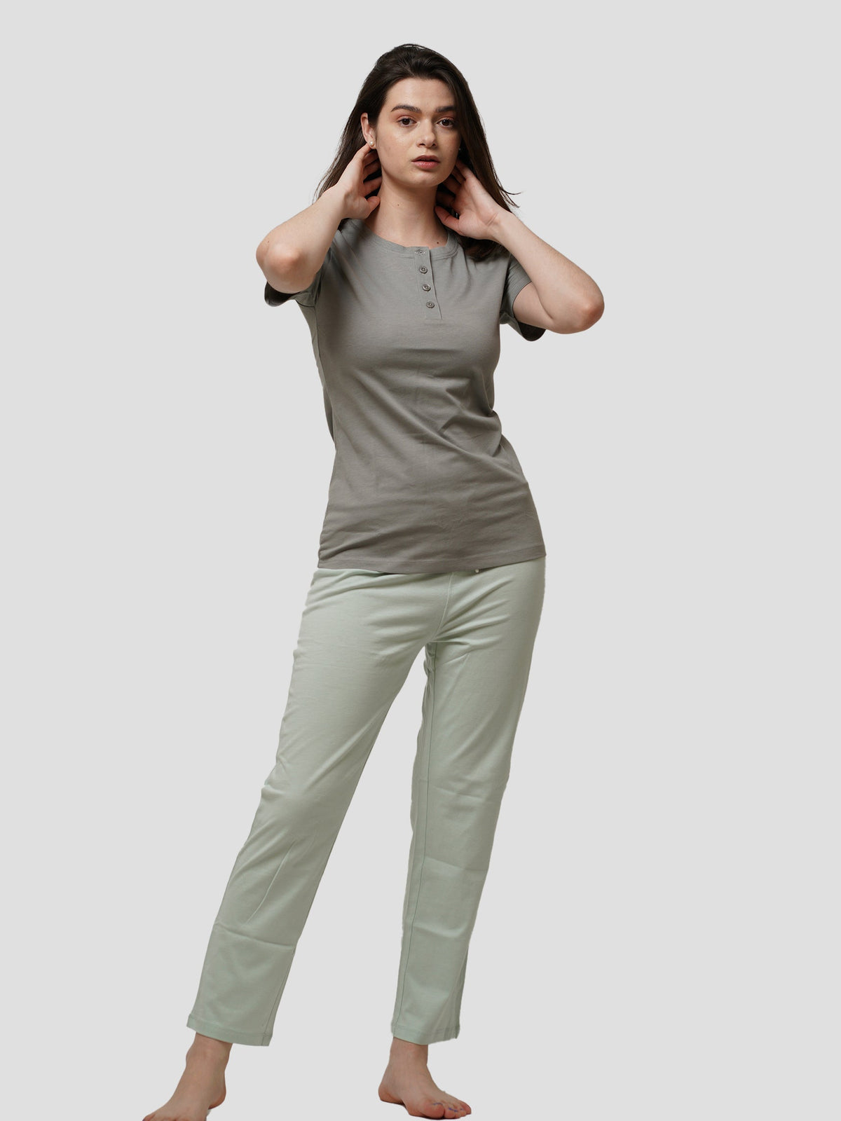 Women Button Facing short sleeve loungewear set - inteblu