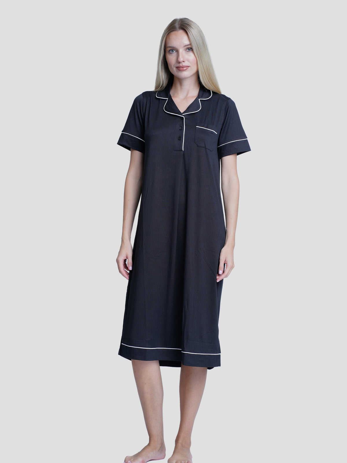 Women notch collar short-sleeve black long top with white piping - inteblu