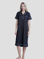 Women notch collar short-sleeve black long top with white piping - inteblu