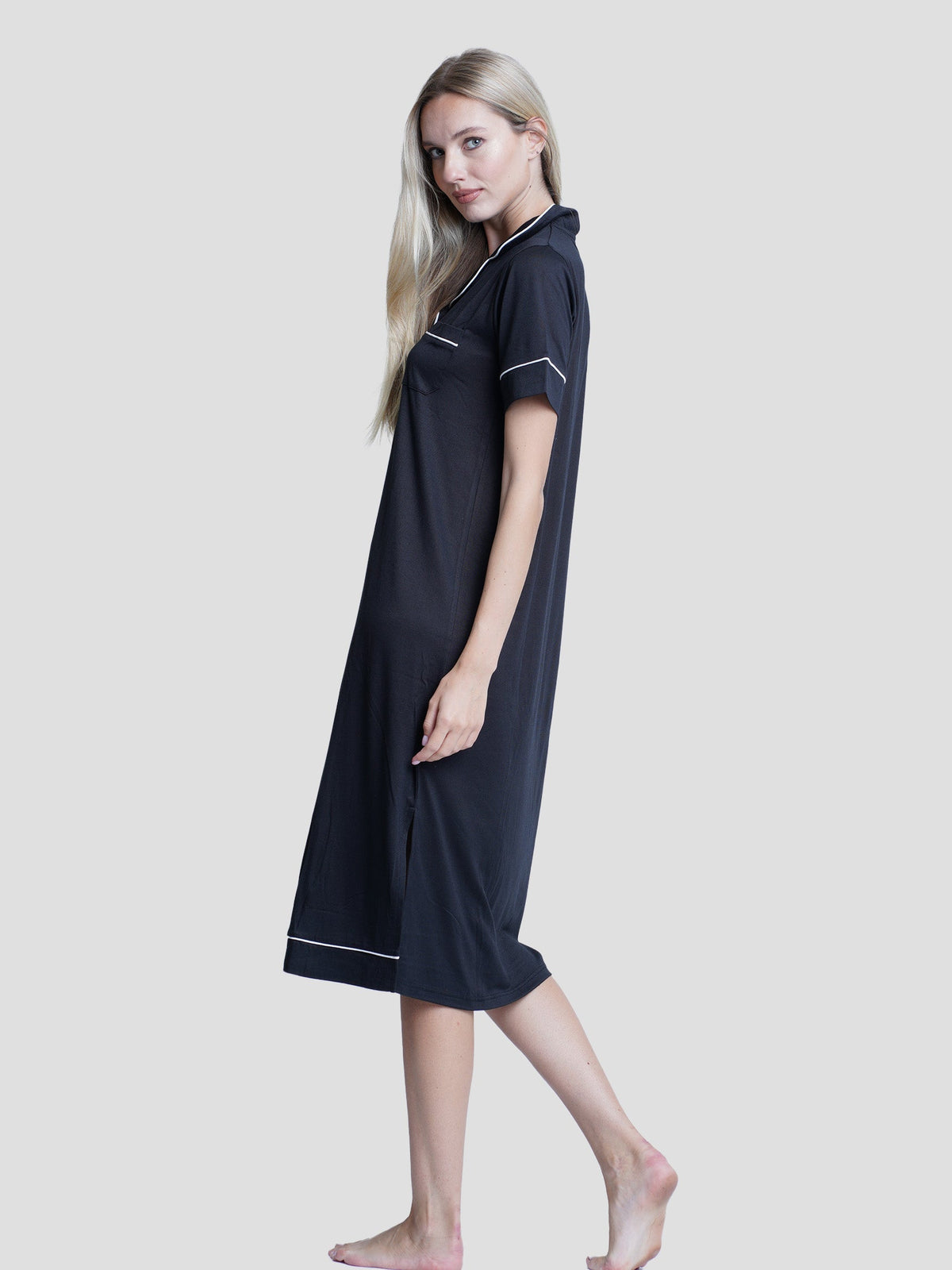 Women notch collar short-sleeve black long top with white piping - inteblu