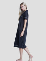 Women notch collar short-sleeve black long top with white piping - inteblu