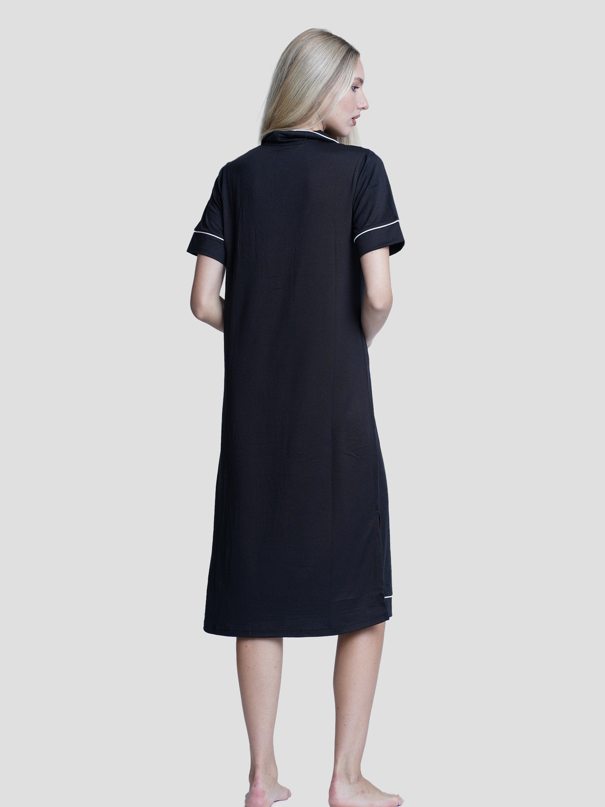 Women notch collar short-sleeve black long top with white piping - inteblu