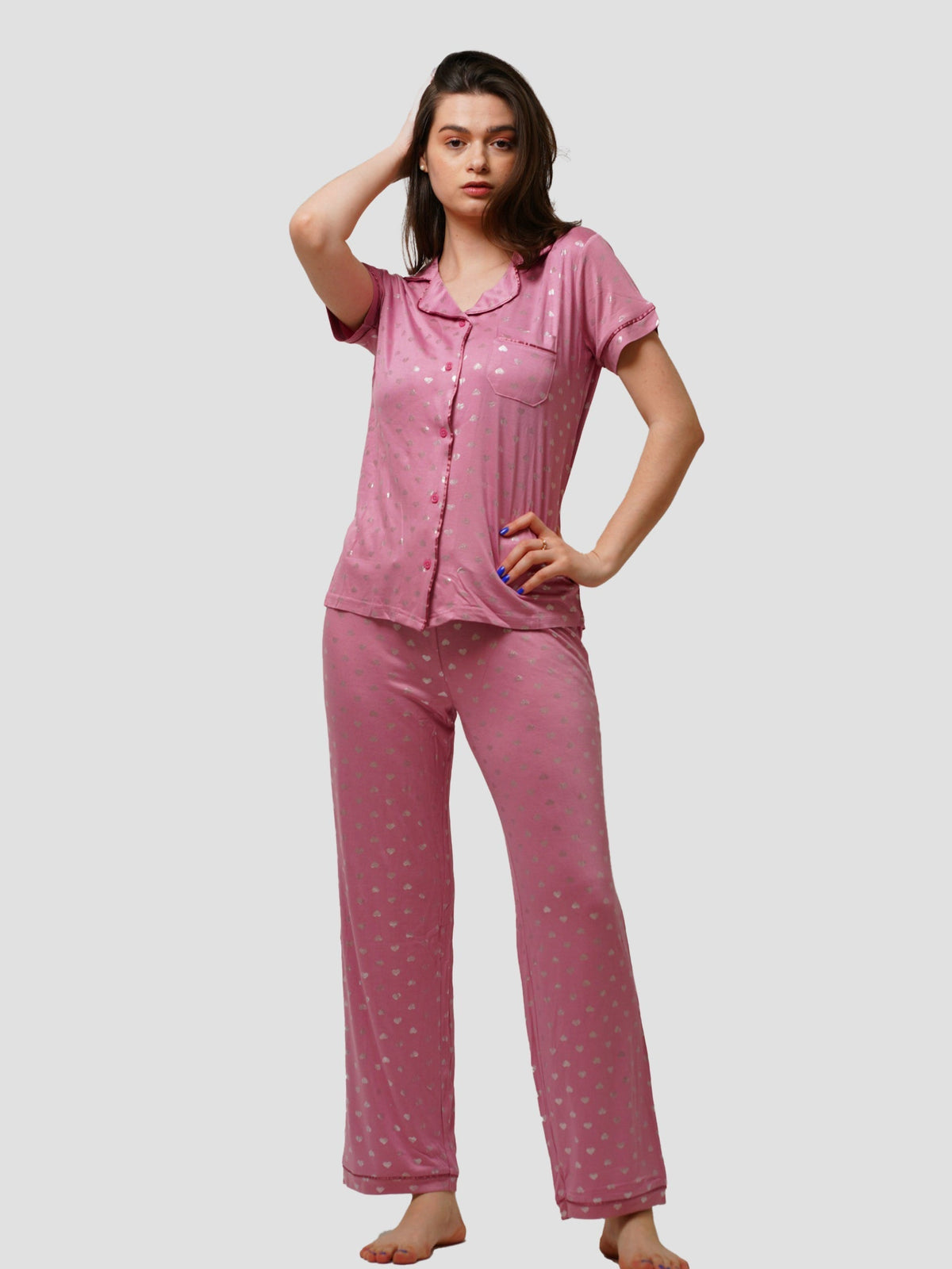Women's Printed Night Suit Set of Shirt & Pyjama, Night wear Dress - inteblu