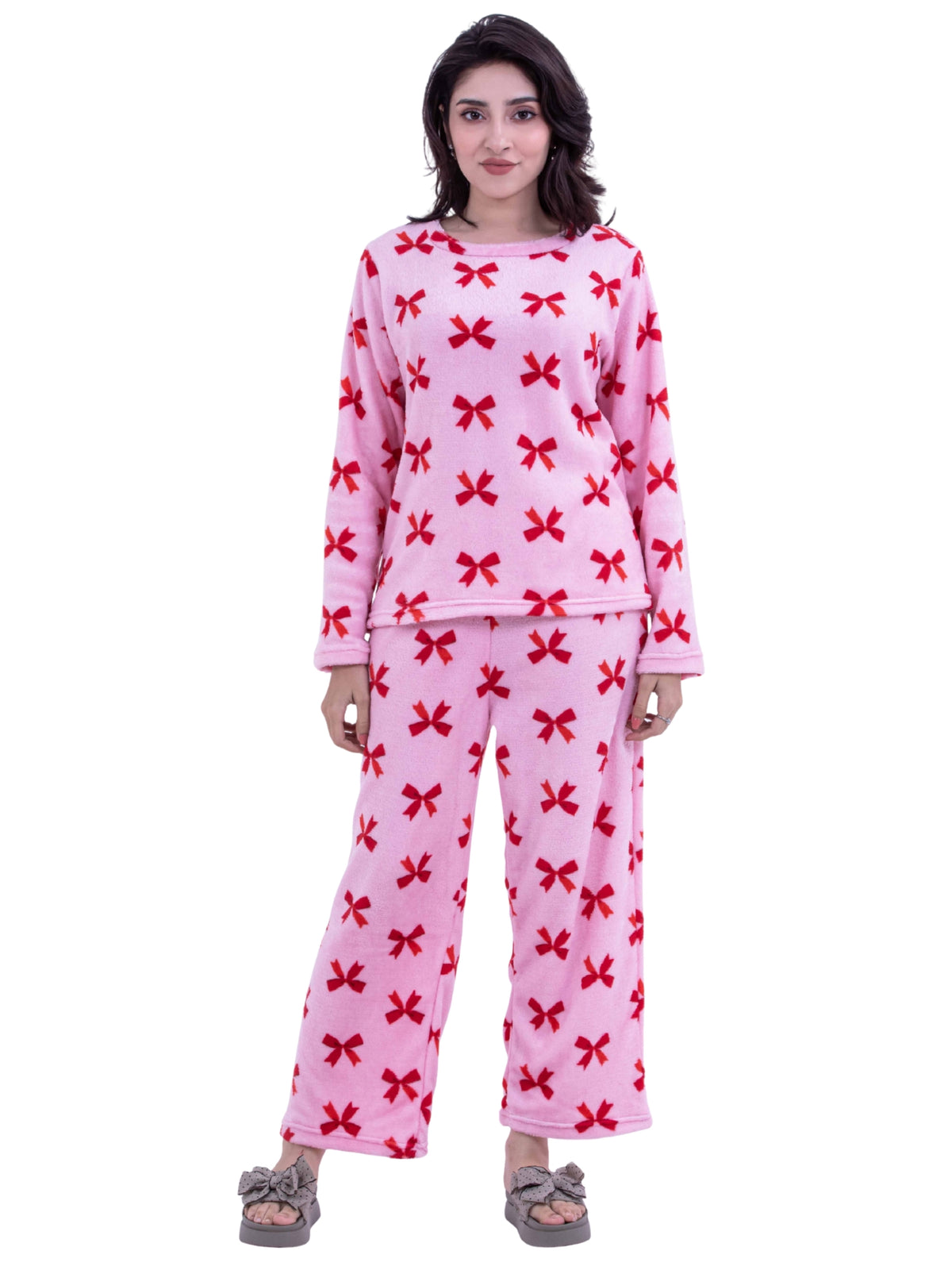 Women’s Pink Bows All overPrinted Pyjama Set – Long Sleeve Top & Pants, Soft Comfortable 2-Piece Sleepwear Nightwear for Cozy Winter Nights
