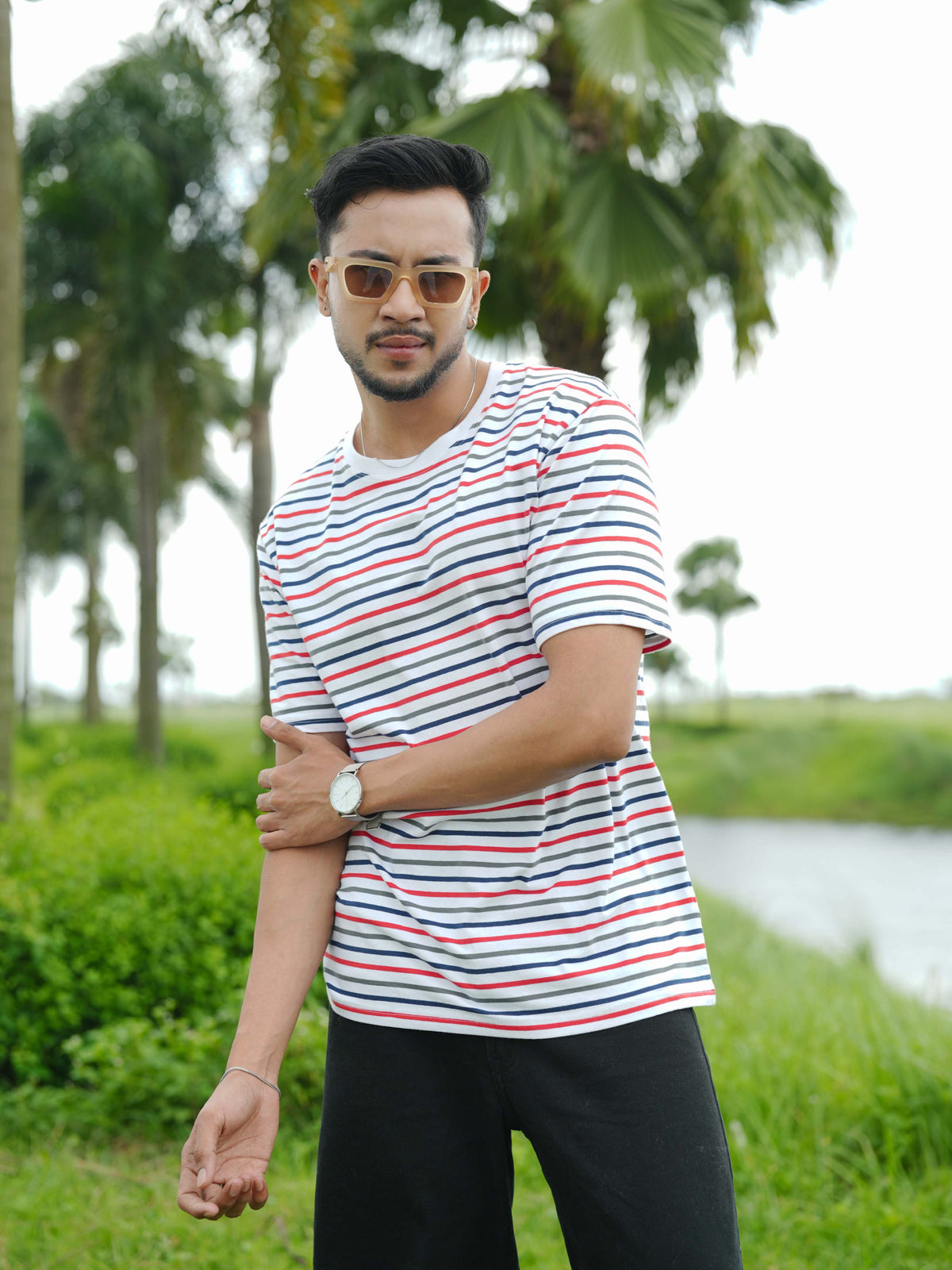 Men’s Striped Round Neck T-Shirt – Regular Fit Short Sleeve Tee | Soft Stretch Casual Wear