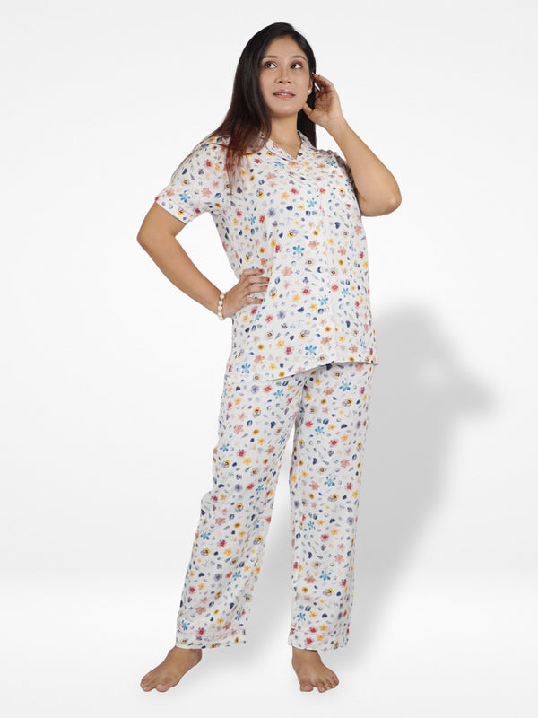 Women White All Over Printed Night Suit Set | Shirt and pajama, Nightwear set.