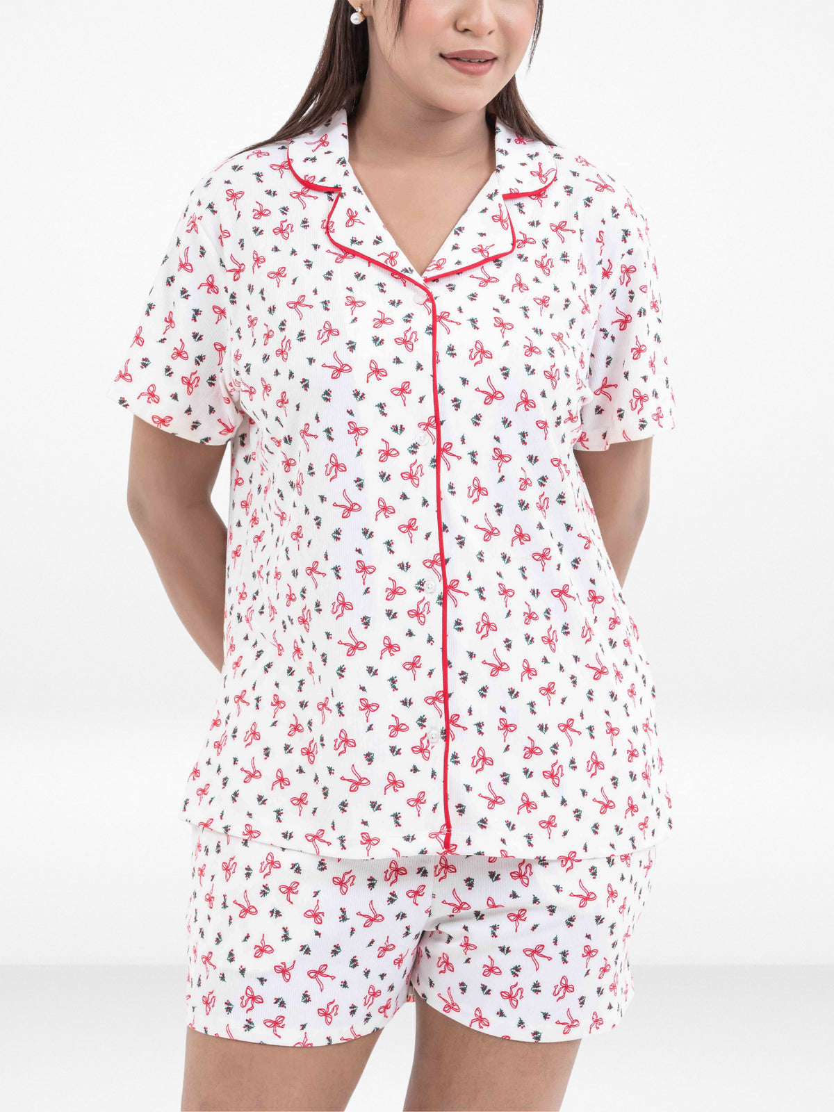 Women’s Notch Collar Sleepwear Set – Short Sleeve All Over Print Pajama Top & Shorts, Soft Comfortable Nightwear