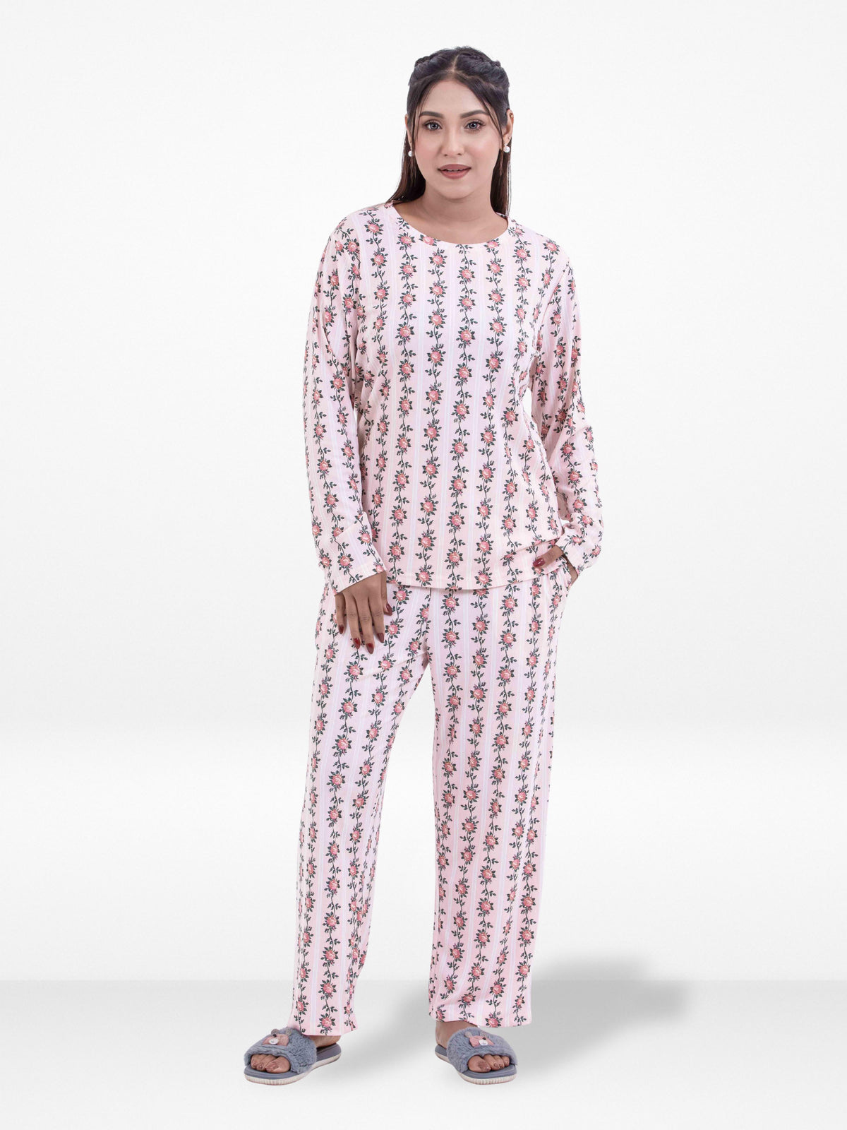 Women’s Crew Neck Collar Sleepwear Set – Long- Sleeve All Over Print Pajama Top &amp; Shorts | Soft, Lightweight &amp; Comfortable Nightwear