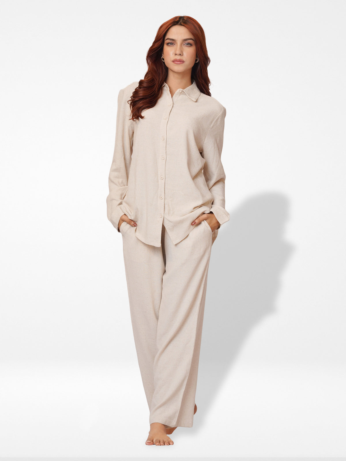 Women Long Sleeve Button Down Shirt High Waist Wide Leg Long Pants Outfits.