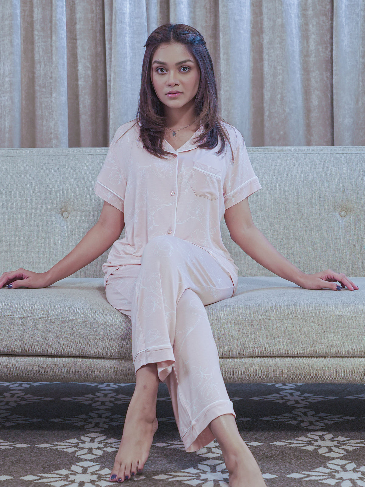 Women Printed Night Suit Set of Shirt & Pyjama, Night wear Dress