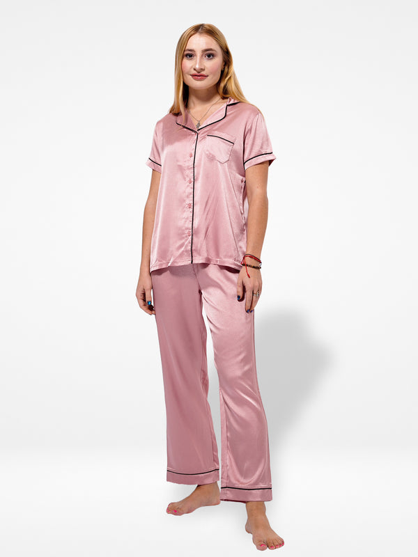 Jacquard Dobby Satin Women Sleepwear Notch collar sleepwear set in Satin fabric