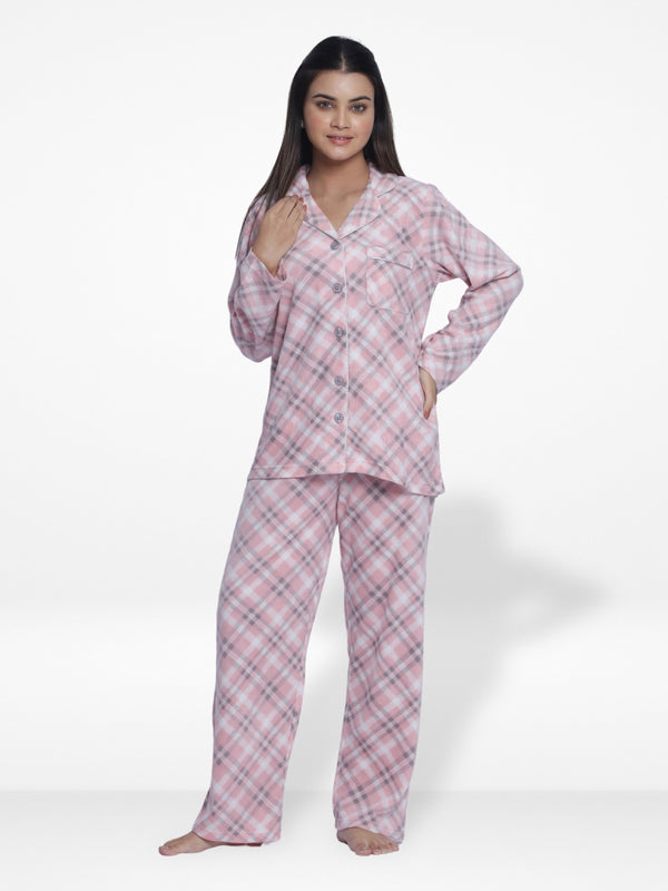 Women Micro Polar Fleece light pink check print Sleepwear Long Sleeve Pyjama Set