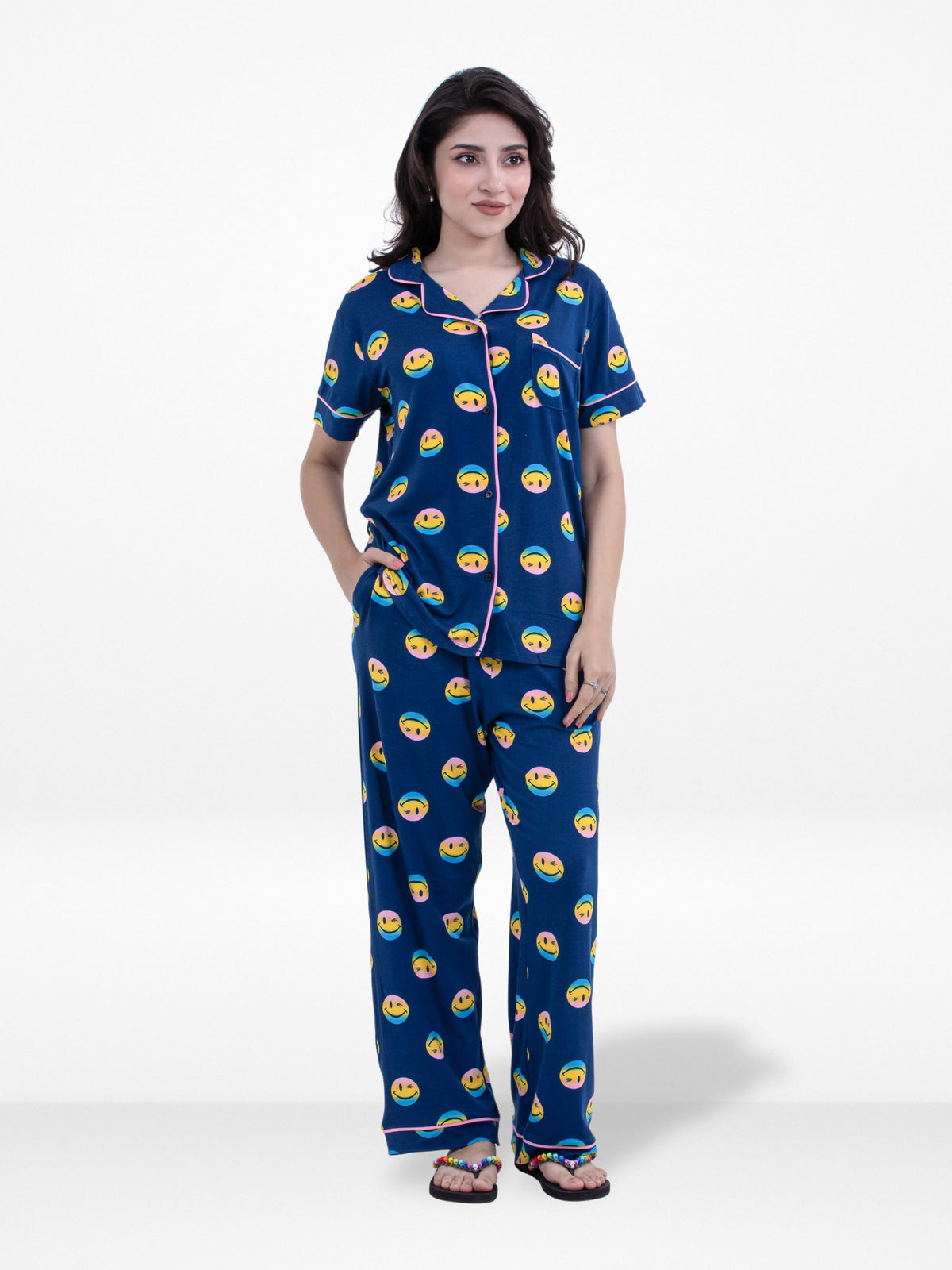 Women Blue Smiley Face Printed Pyjama Set,Night wear Dress Women's Aop Printed Night Suit Set Shirt &amp; Pyjama | Soft Nightwear Dress, 2 Piece Sleepwear for Women,