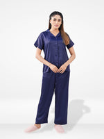 Satin Pajama Set for Women - Button Down, Short Sleeve Long Pant