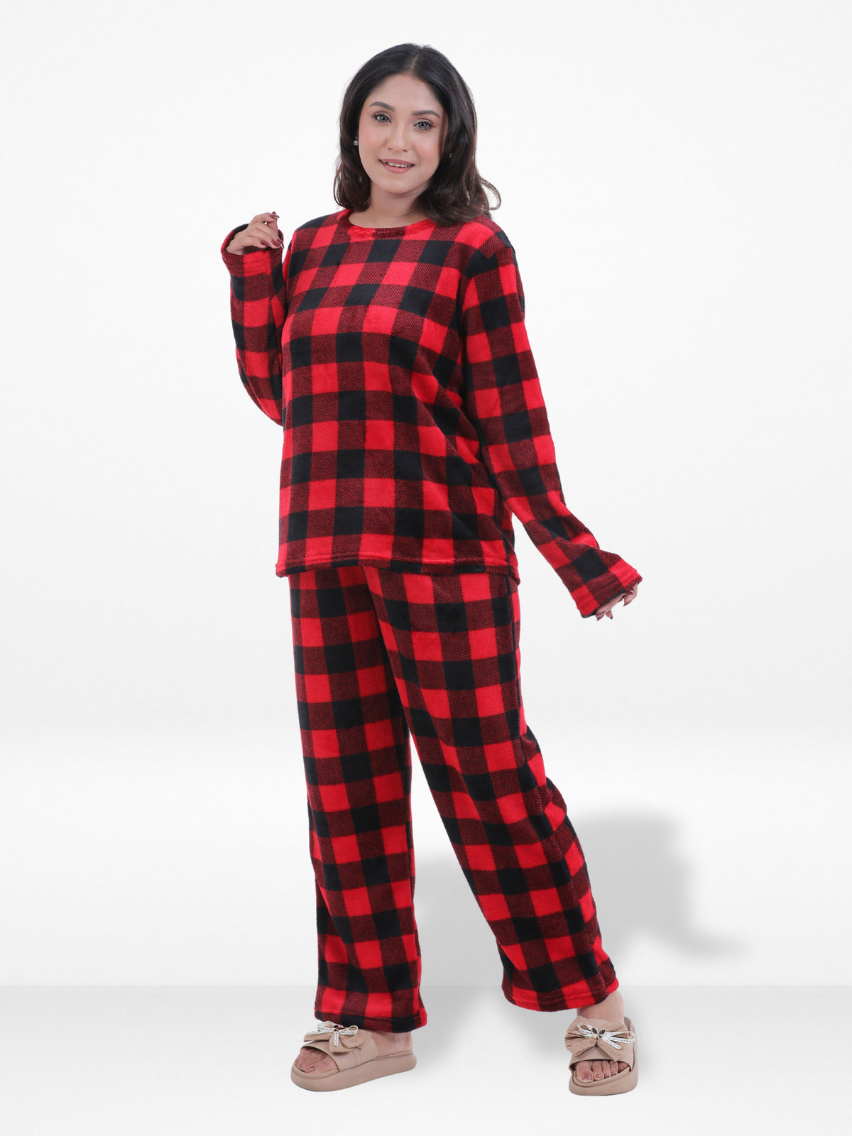 Women’s Red Check Printed Pyjama Set – Long Sleeve Top & Pants, Soft Comfortable Sleepwear, Cozy Winter Loungewear for Women