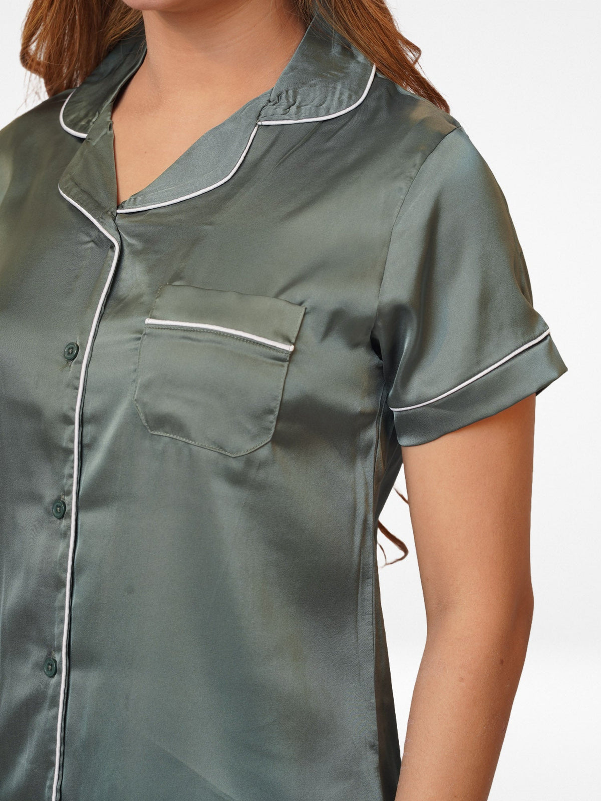 Satin Pajama Set for Women - Contrast Piping, Notch Collar, Button Down, Short SleeveLong Pant