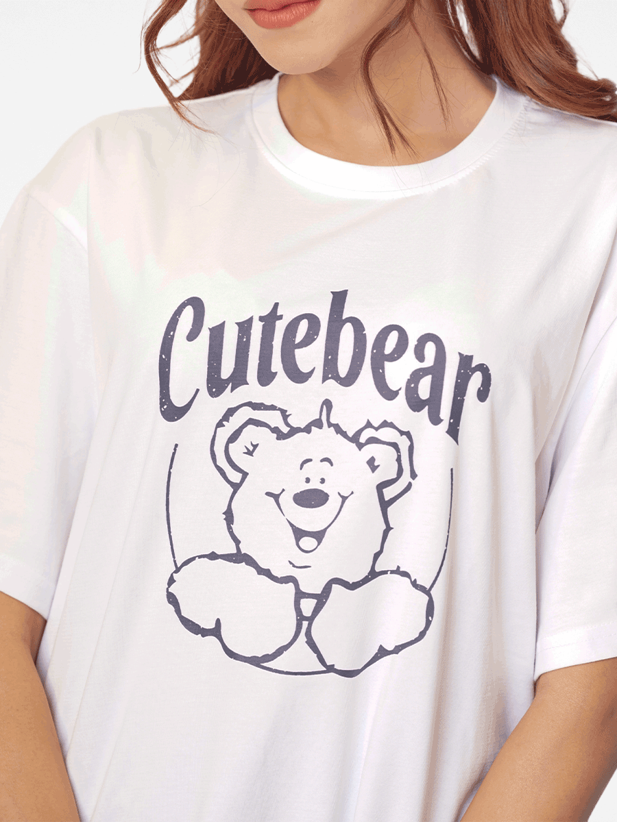 Women Cute Bear Graphics Print Cotton T-shirt