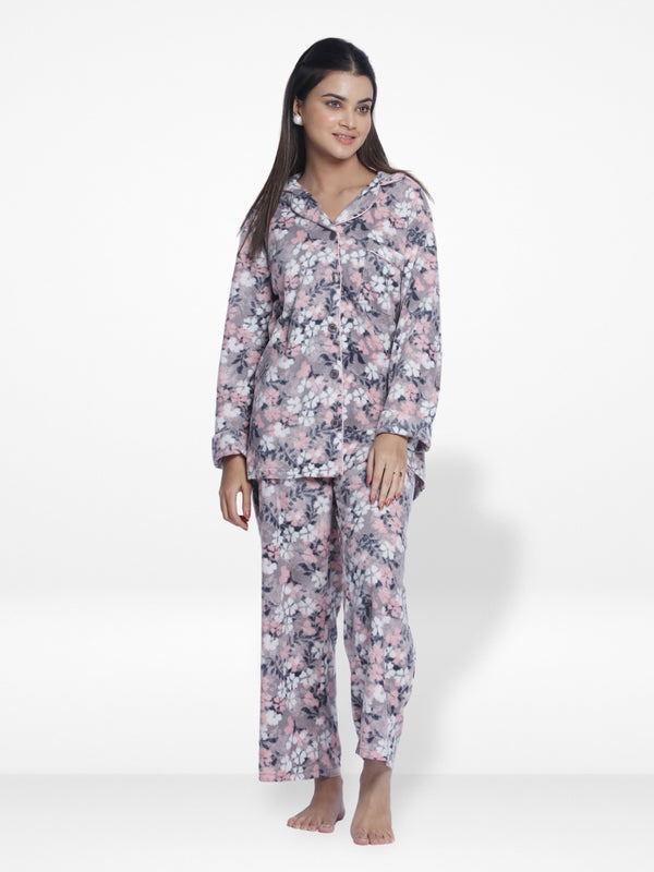 Women  Micro Polar Fleece Grey floral print Sleepwear Long Sleeve Pyjama Set