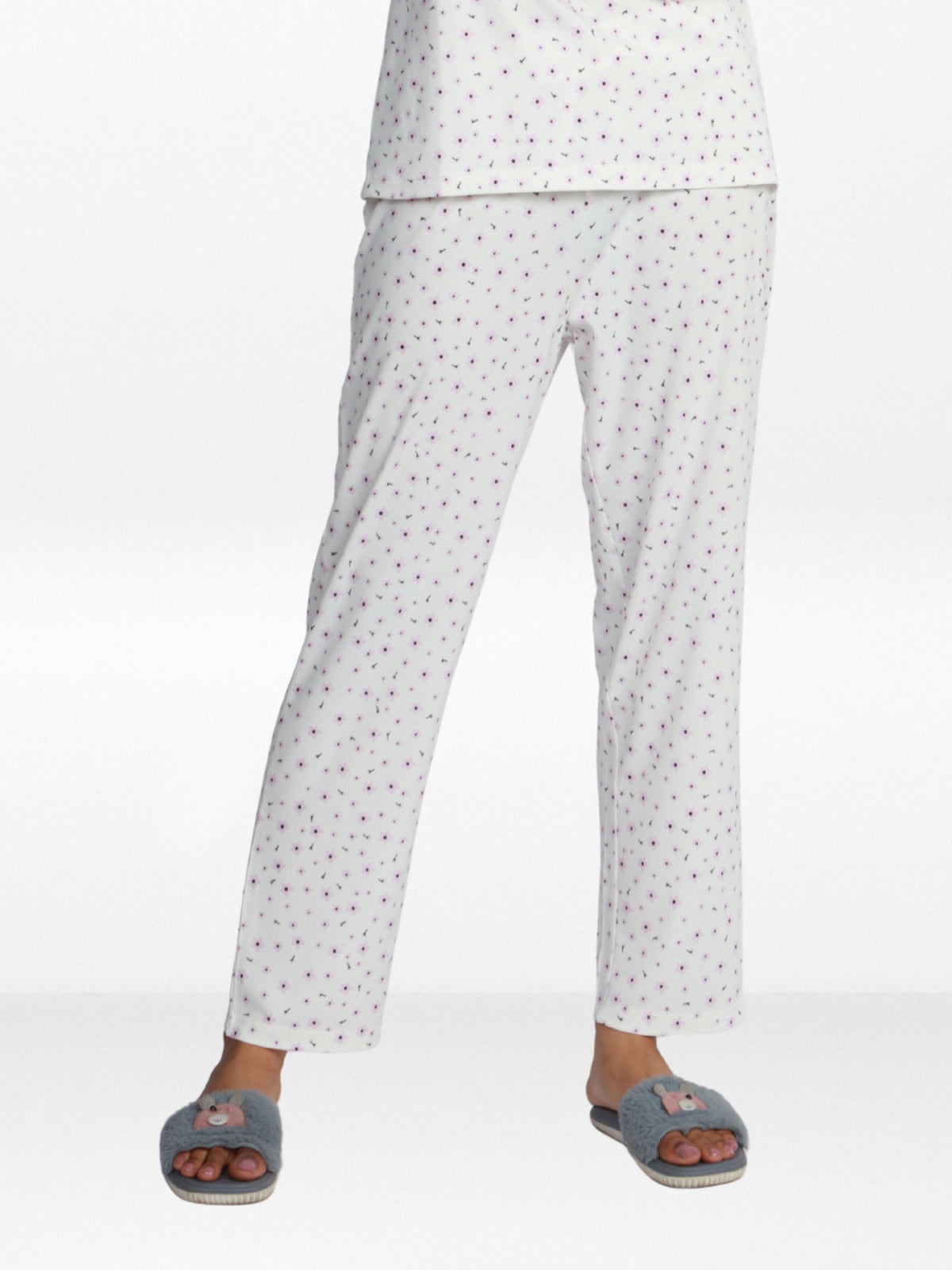 Women’s All Over Printed Lounge Pants | Soft Stretch Yummy Rib Fabric | Drawstring Waist Casual Sleepwear & Pajama Trousers - White