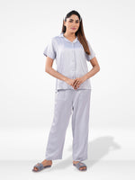 Satin Pajama Set for Women - Button Down, Short Sleeve Long Pant