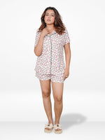 Women’s Notch Collar Sleepwear Set – Short Sleeve All Over Print Pajama Top & Shorts, Soft Comfortable Nightwear